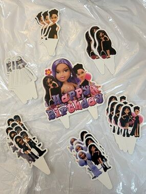 Bratz dolls birthday cake topper and cupcake toppers and happy birthday banner